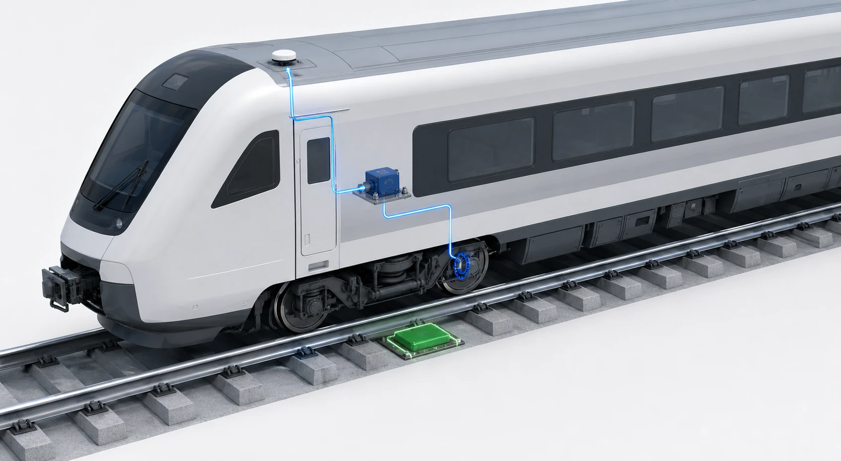 Un train équipé d’une antenne GNSS, d’un capteur inertiel et d’un capteur de progression passe au-dessus d’une balise installée entre les rails.