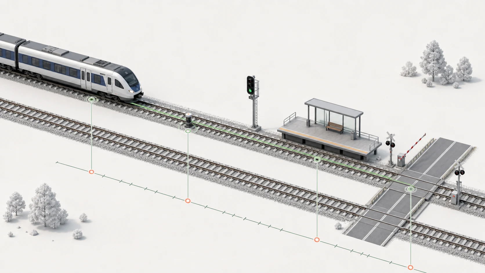 Un train circule sur la voie du parcours retenu. Une balise entre les rails, un signal, une gare et un passage à niveau sont projetés sur le parcours pour mesurer leur distance au train.
