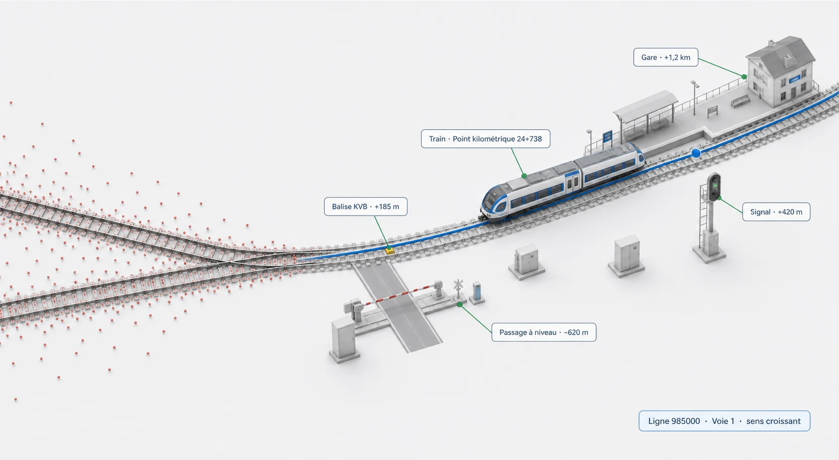 Des observations GNSS dispersées convergent vers un parcours ferroviaire qualifié. Le train est situé par sa ligne, sa voie et son point kilométrique, avec les distances aux balises, au signal, au passage à niveau et à la gare.