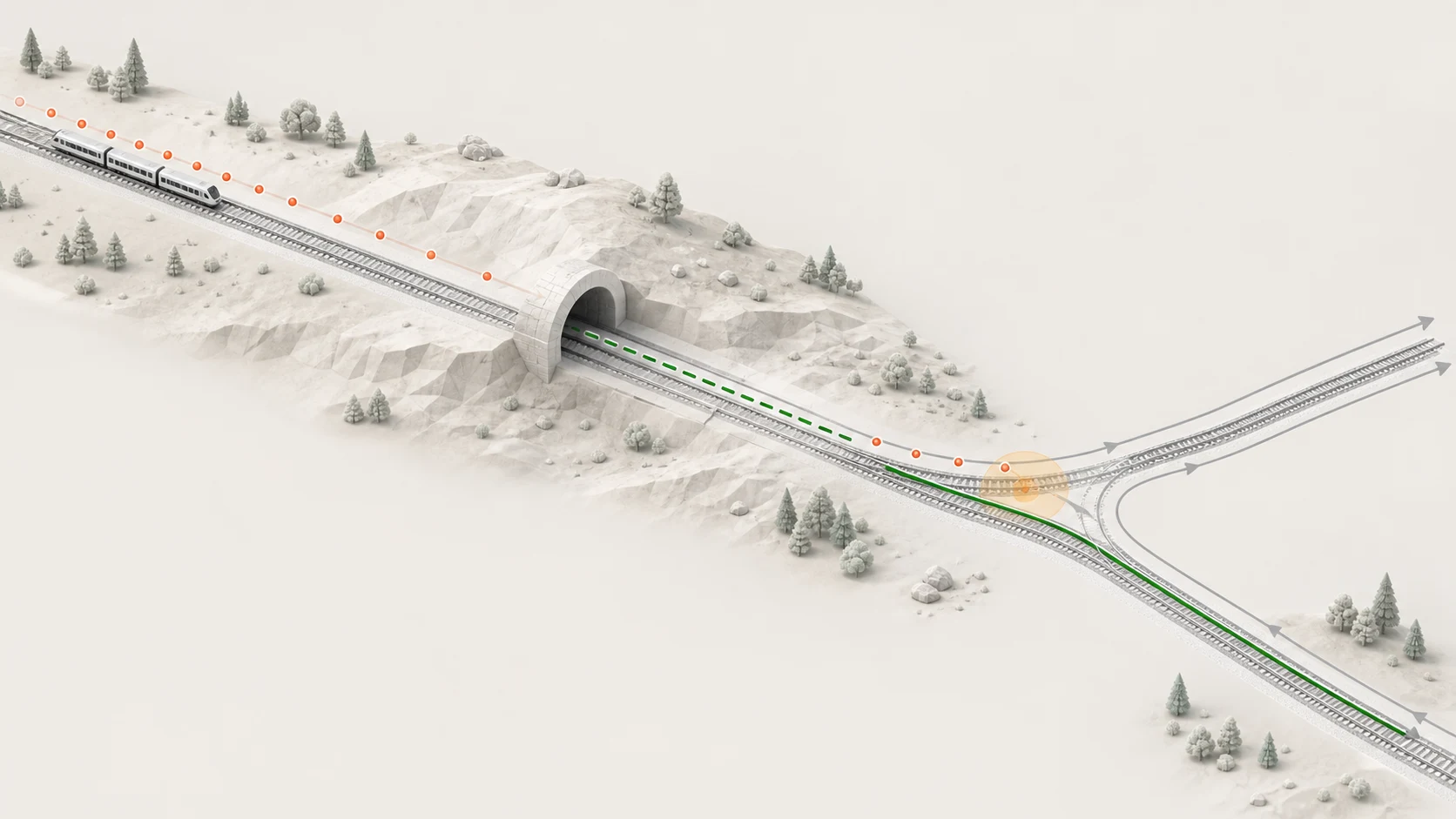 Les observations GNSS se raréfient à l’entrée d’un tunnel. Une route ferroviaire cohérente reste qualifiée à travers le tunnel et une zone d’incertitude est signalée à la bifurcation.