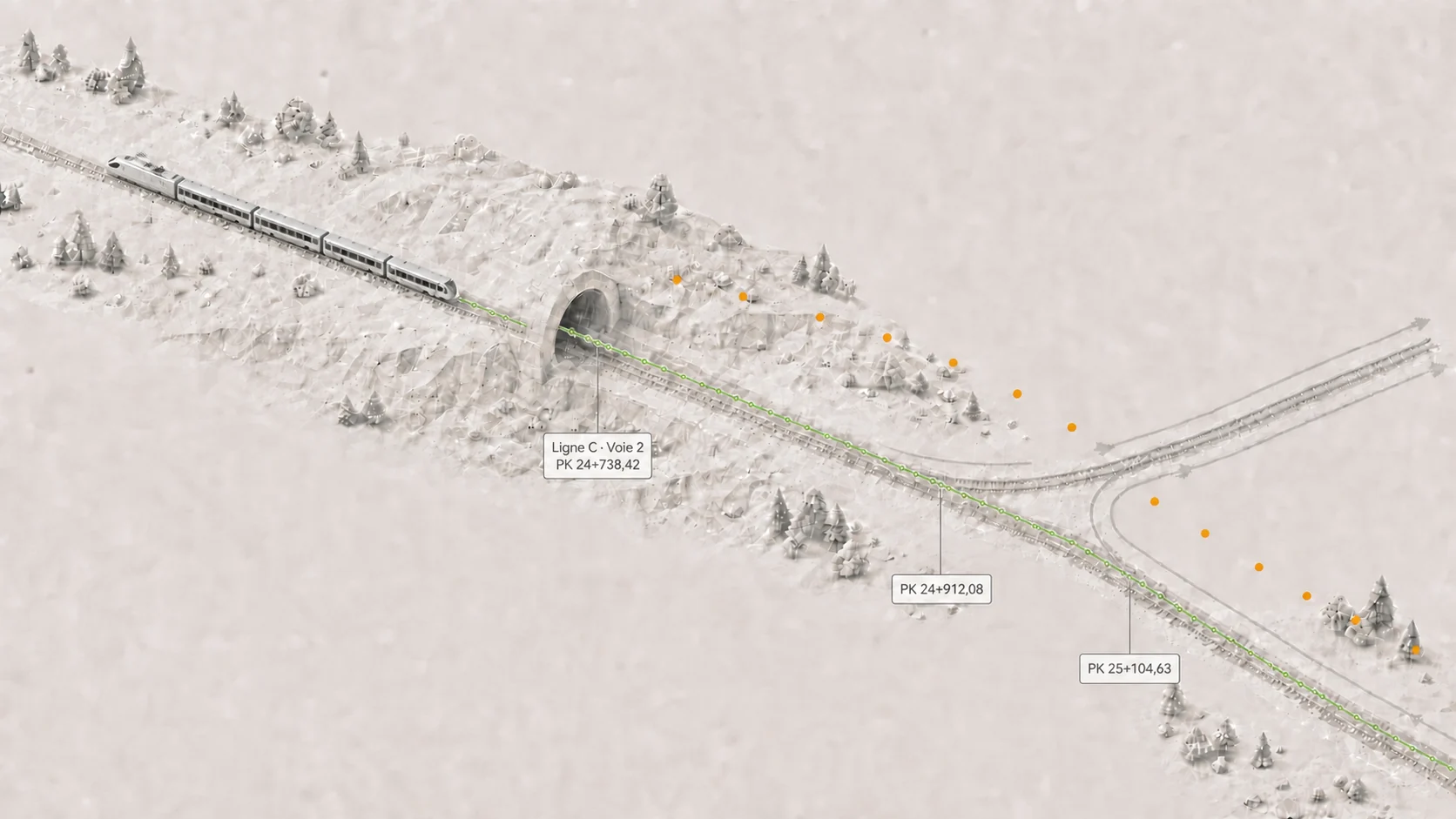 Une rame se déplace vers la gauche. Derrière elle, des positions ferroviaires vertes suivent précisément la route retenue à travers le tunnel et la bifurcation, avec des repères ligne, voie et PK ; le GNSS orange disparaît sous le tunnel.