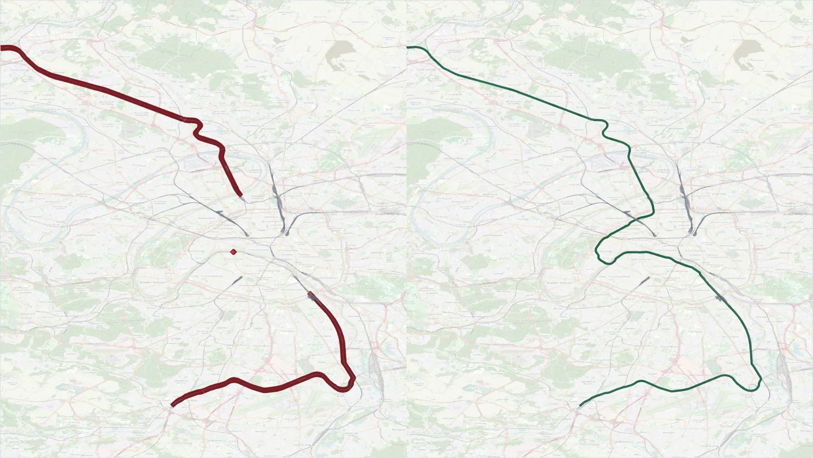 MBDD Rail output: an interrupted GPS trace on the left and the qualified railway journey through Paris on the right.
