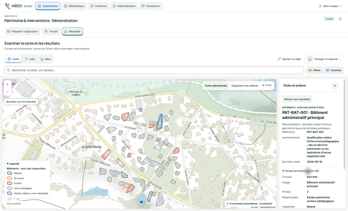 MBDD Studio : bâtiments colorés par statut d’inspection et fiche du bâtiment sélectionné dans une application de démonstration.
