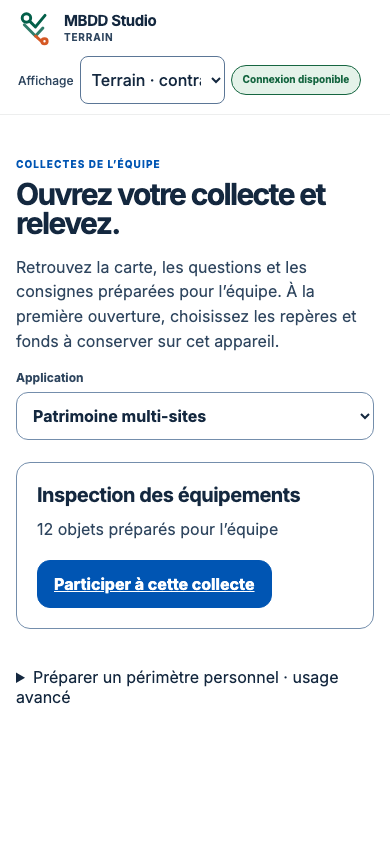 MBDD Studio Terrain sur téléphone : ouvrir la collecte Inspection des équipements pour l’application Patrimoine multi-sites.