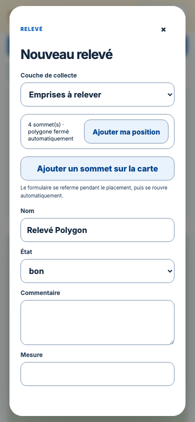 MBDD Studio Terrain sur téléphone : relever une zone et renseigner son état, un commentaire et une mesure.