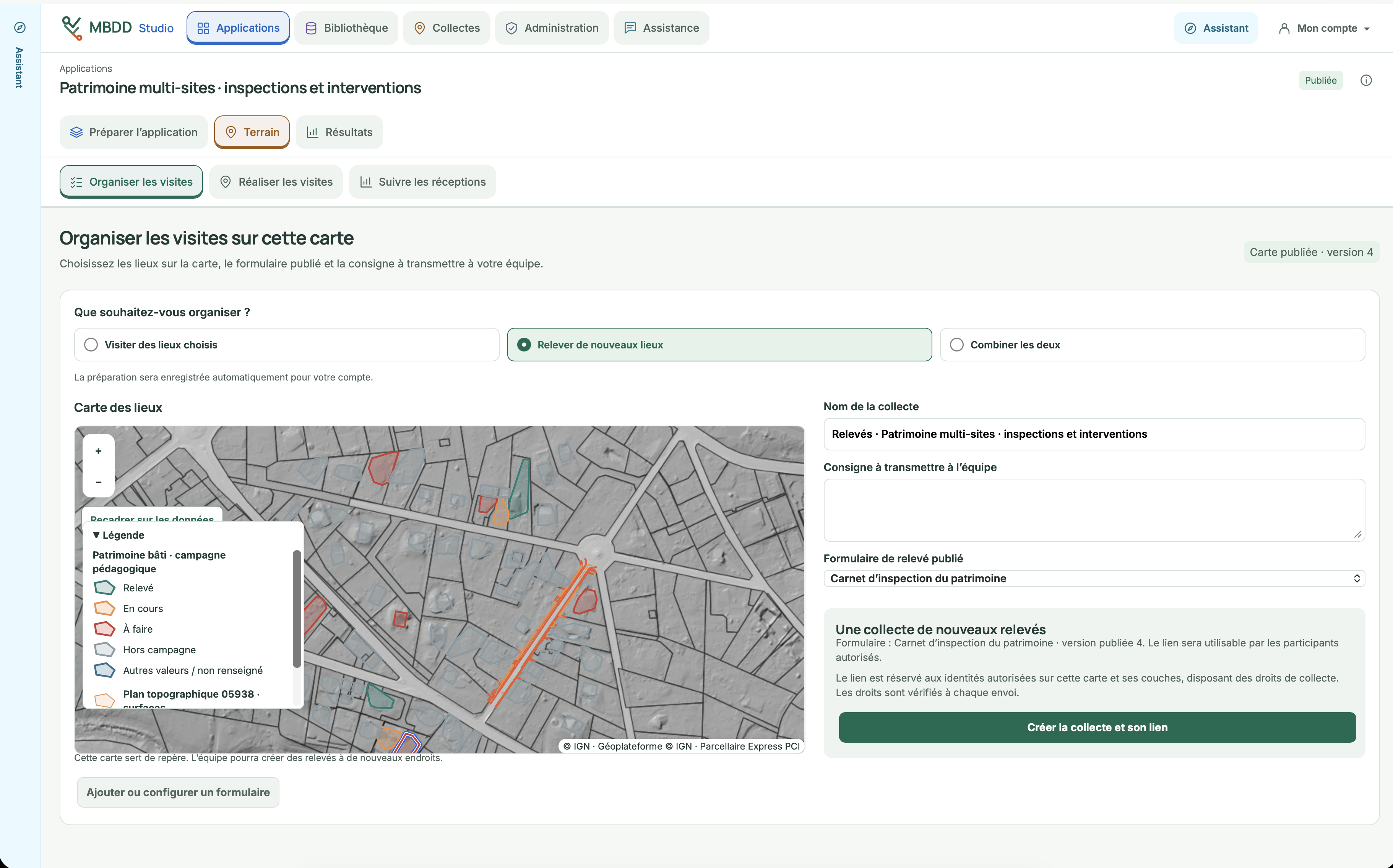MBDD Studio : préparation d’une collecte avec la carte des lieux, les consignes et le formulaire de relevé.