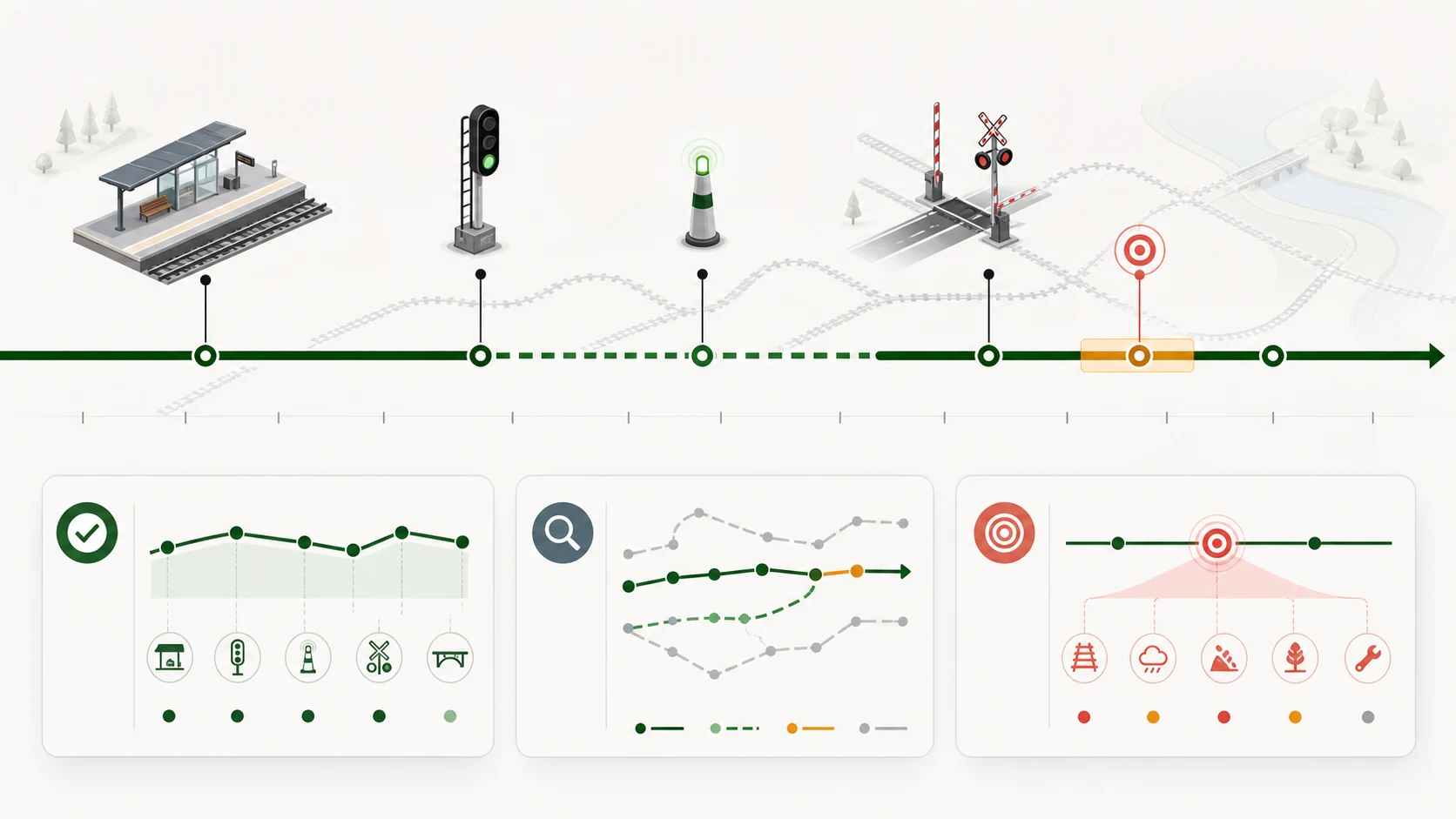 Illustration synthétique d’une route qualifiée avec des actifs projetés, une zone à contrôler, un événement source et trois restitutions : données enrichies, diagnostic et événements gouvernés.